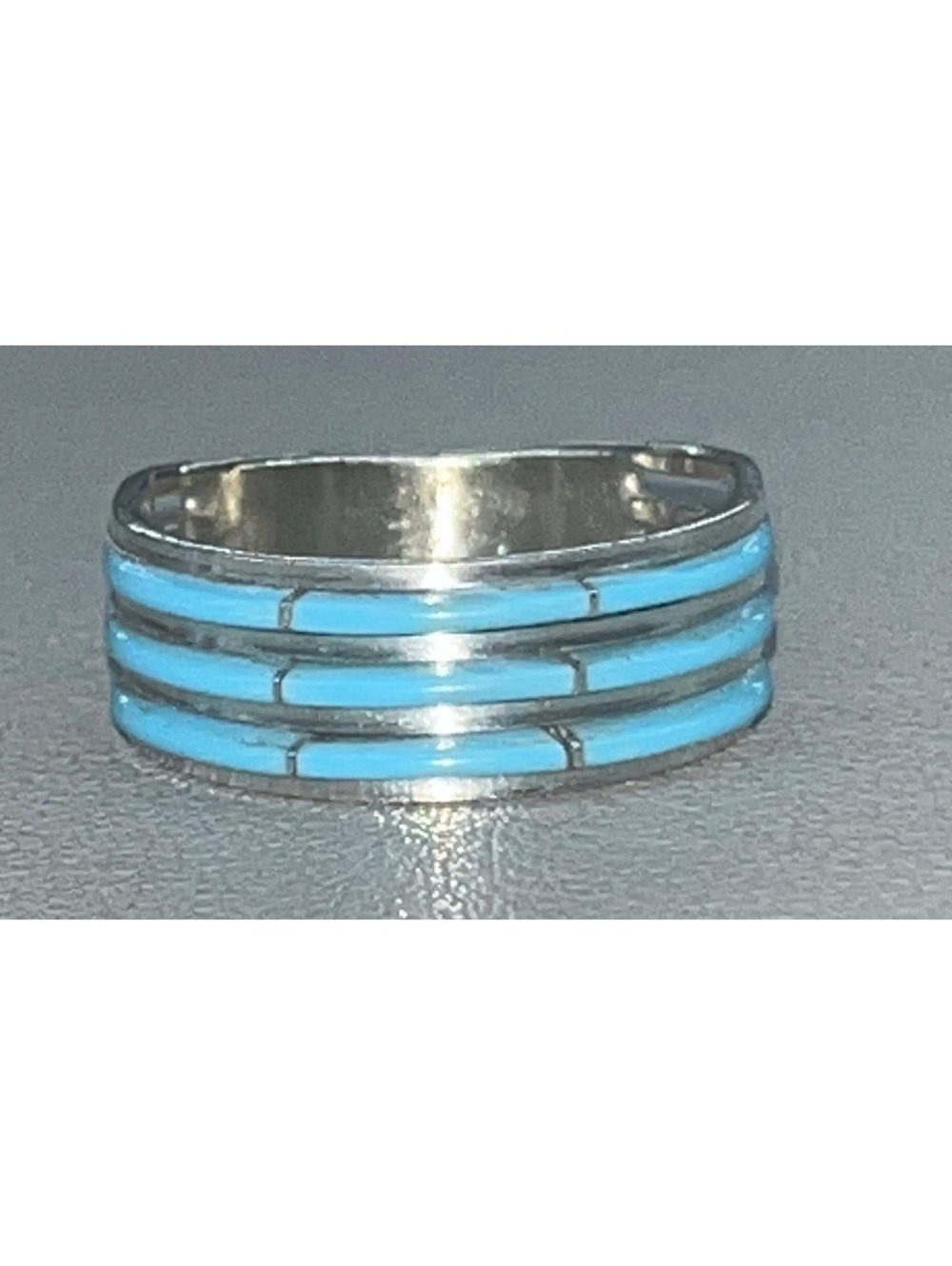 Zuni turquoise sterling silver inlay 3 row cluster ring size 6.5 -Beavis Massie